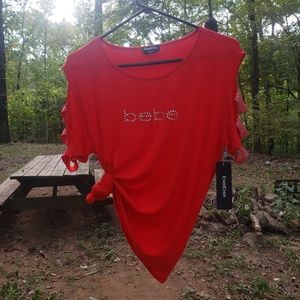 Bebe red shirt with rhinestones and rhinestone cutout sleeves